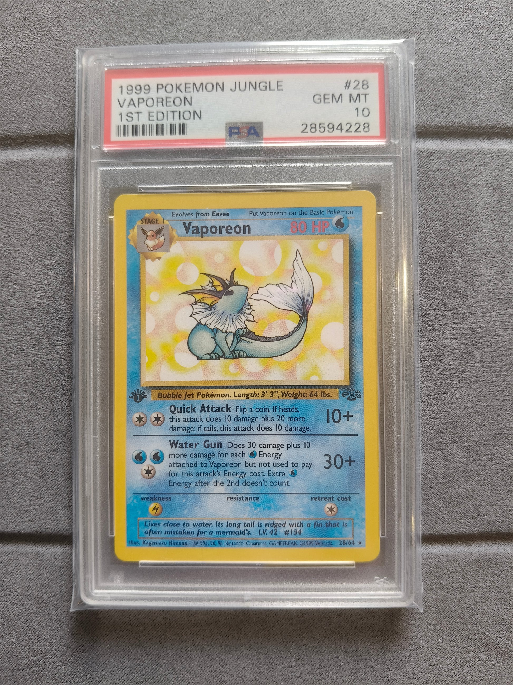 Pokemon: Vaporeon: 1999 Jungle #28: 1st Edition: PSA 10 (English) Sealed & Slabbed Pokemon: Vaporeon: 1999 Jungle #28: 1st Edition: PSA 10 (English) Sealed & Slabbed